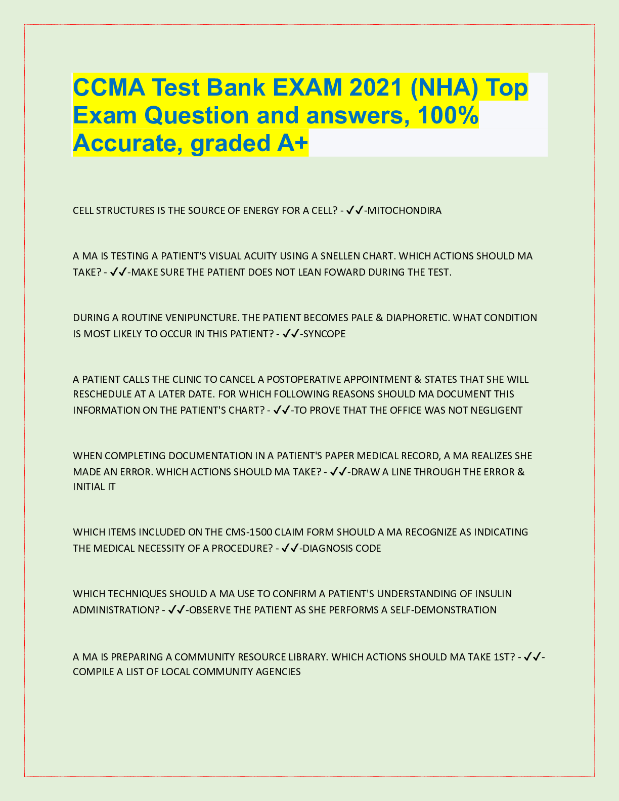 CCMA Test Bank EXAM 2021 (NHA) Top Exam Question and answers, 100